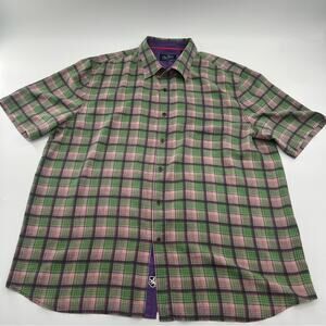 Nat Nast 100% Silk Men’s Short Sleeve Plaid Button Up Green and Purple Shirt